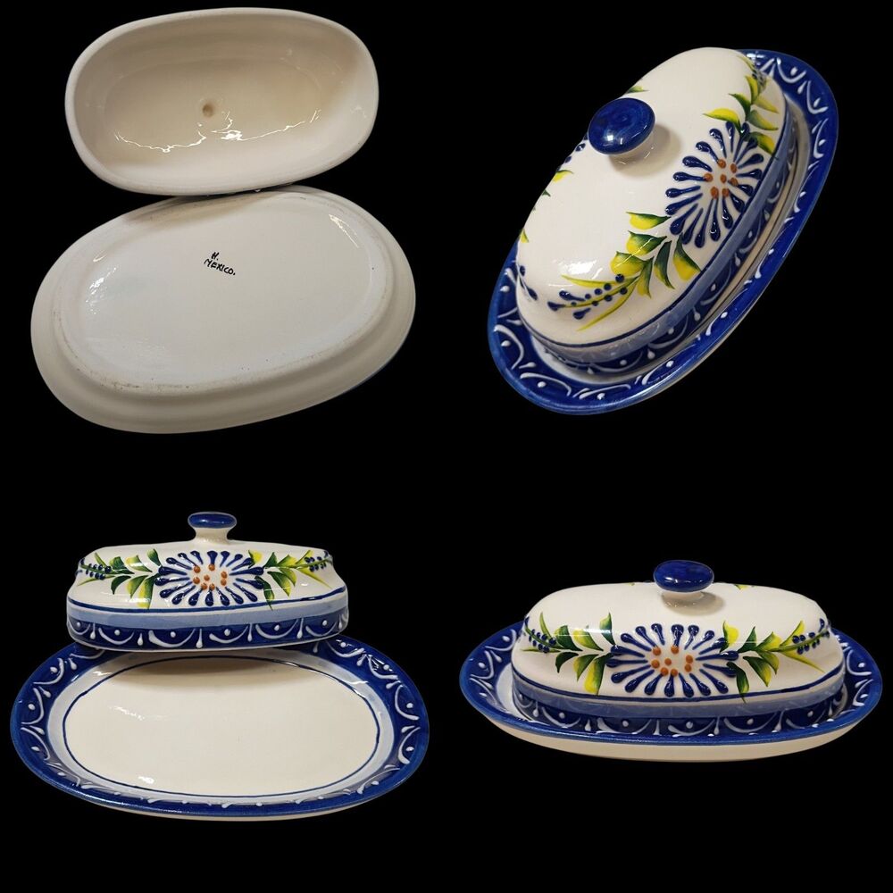 Talavera Pottery Butter Dish Mexican Blue Bell Floral Folk Art Cobalt Blue White